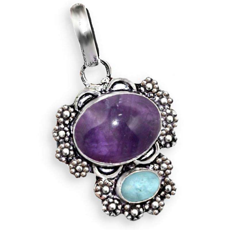 Natural Purple Amethyst and Caribbean Larimar Gemstone set in .925 Sterling Silver Plated Pendant