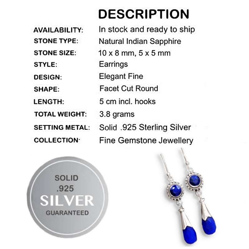 Natural Indian Sapphire Gemstone set in Solid .925 Sterling Silver Dainty Antique Style Earrings