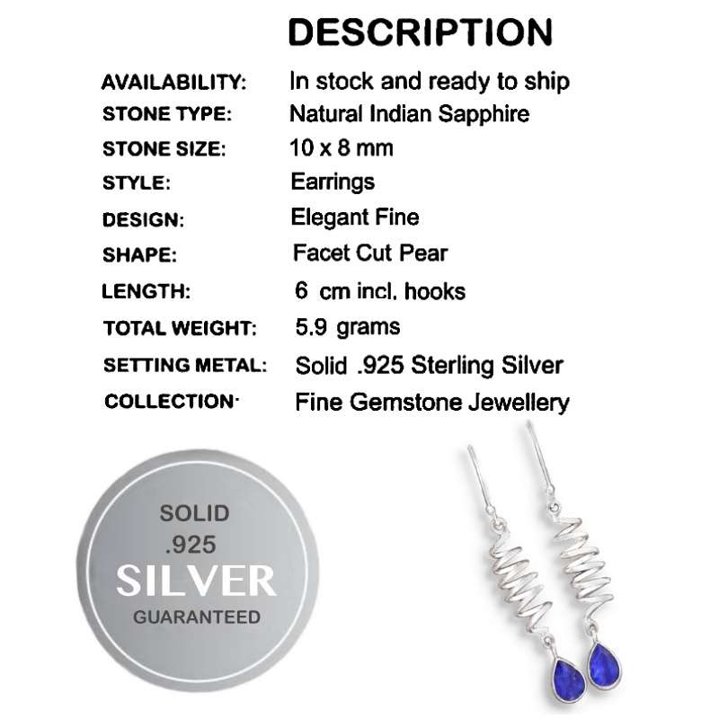 Quirky Natural Indian Sapphire Quartz Gemstone Solid .925 Sterling Silver Earrings