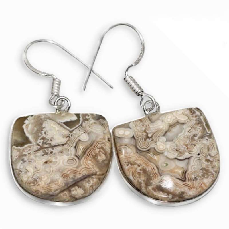 Natural Mexican Laguna Lace Gemstone .925 Sterling Silver Plated Handmade Earrings