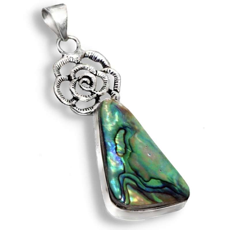 Natural New Zealand Abalone Paua Shell with Abstract Rose Detail 925 Sterling Silver Plated Pendant