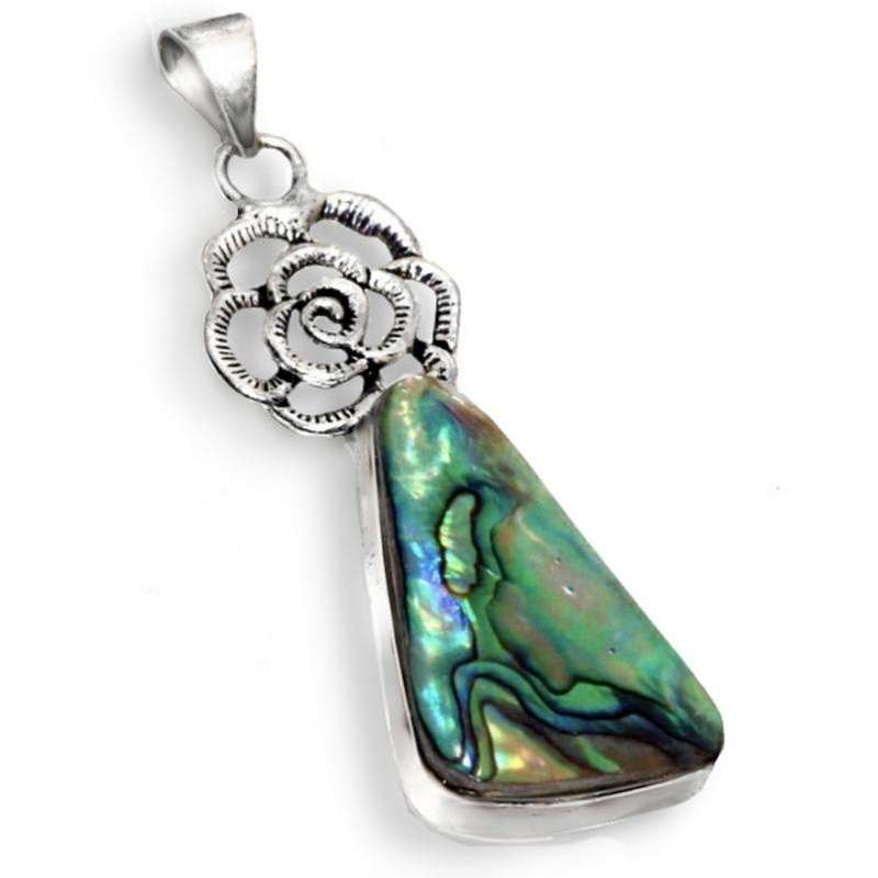 Natural New Zealand Abalone Paua Shell with Abstract Rose Detail 925 Sterling Silver Plated Pendant