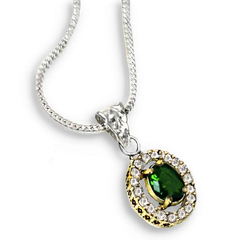 Two Tone Turkish Emerald White Cubic Zirconia  .925 Sterling Silver Plated Handmade Pendant + Chain