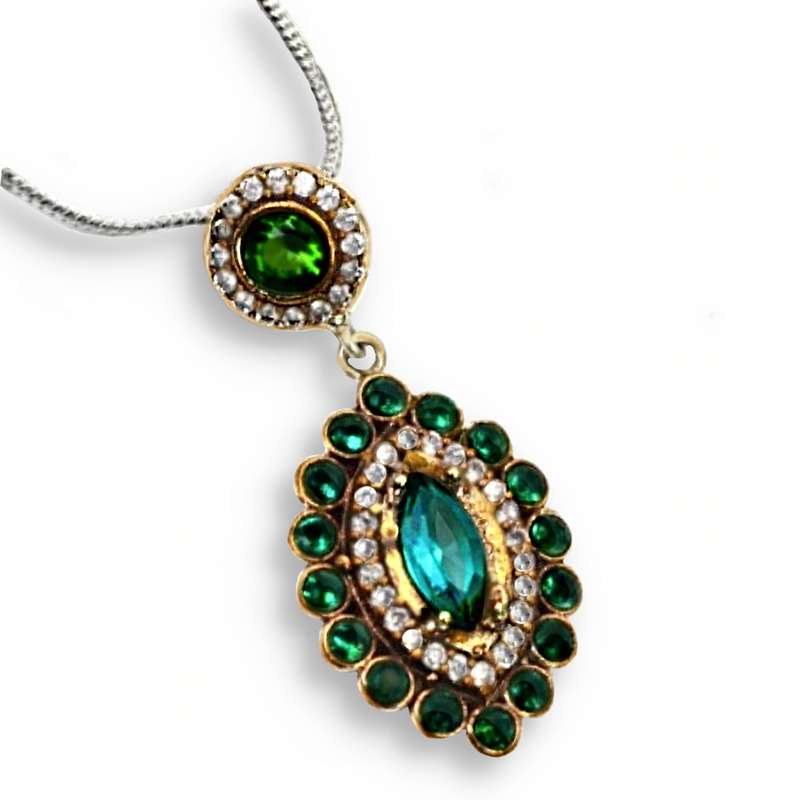 Two Tone Turkish Emerald and White Cubic Zirconia  .925 Sterling Silver Plated Pendant + Chain