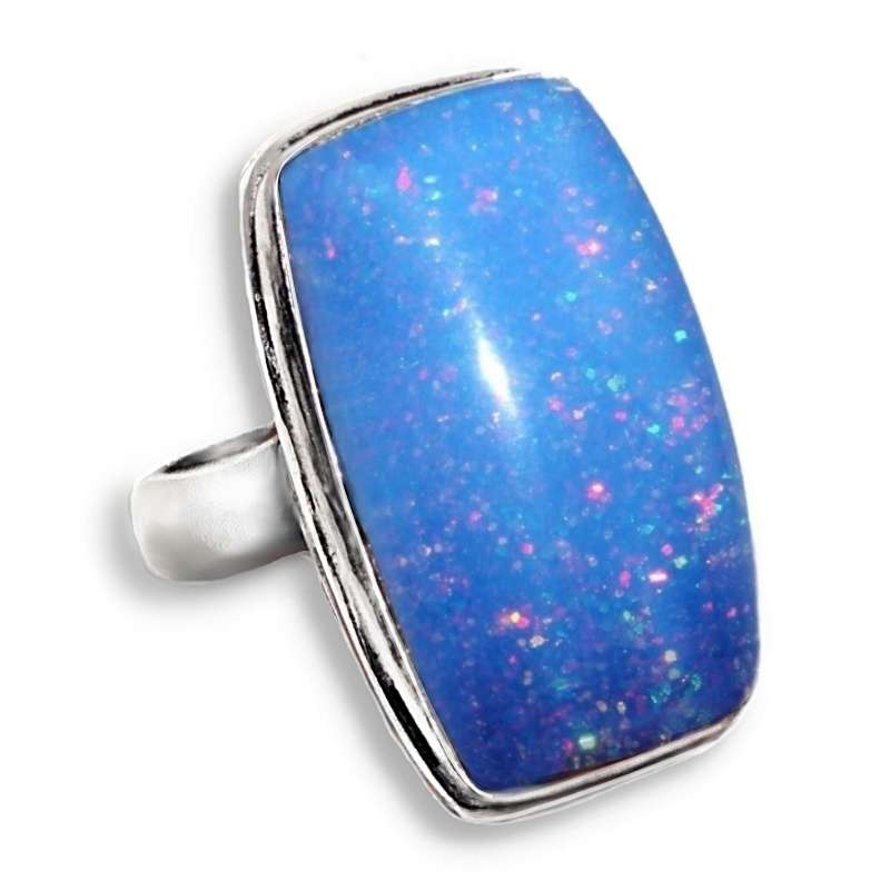 Fire Opal Triplet Geometric Gemstone set in .925  Sterling Silver Ring Plated Size US  7.5 / P