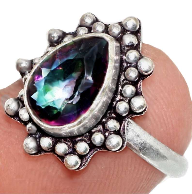 Dainty Mystic Rainbow Topaz Pear Shape set in.925 Sterling Silver Plated Handmade Ring Size 5.5 or L