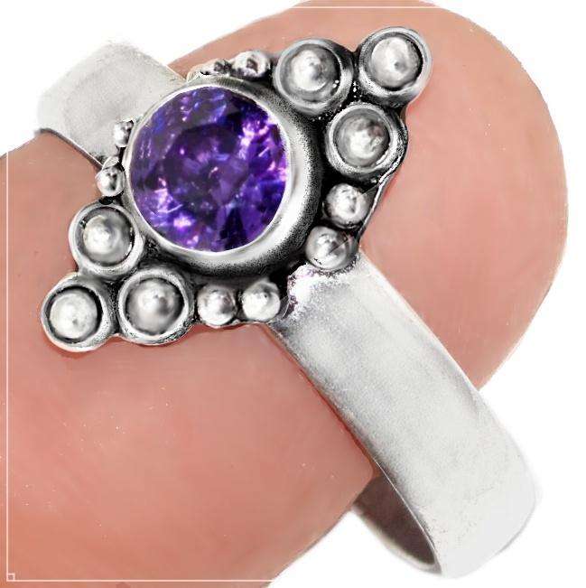 Purple Amethyst Round Shape in Antique Style set in .925 Sterling Silver Plated Dainty Ring Size 8