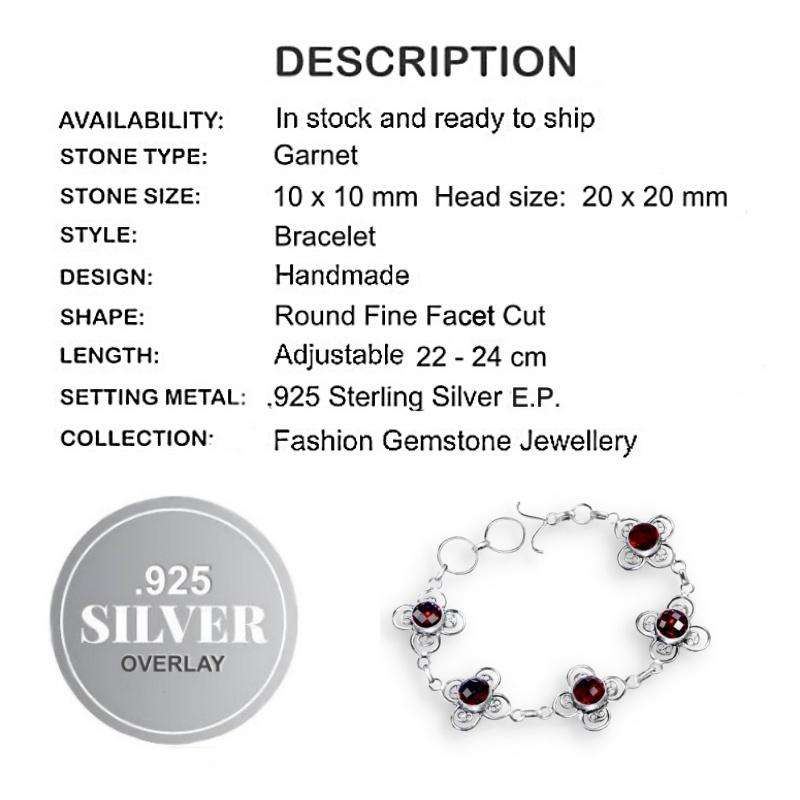 Round Faceted Garnet Gemstones set in .925 Sterling Silver Plated Handmade Floral Setting Bracelet