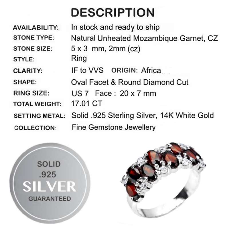 17.01 Ct Natural Mozambique Garnets White CZ in Solid 925 Sterling Silver Ring Size US 7/O