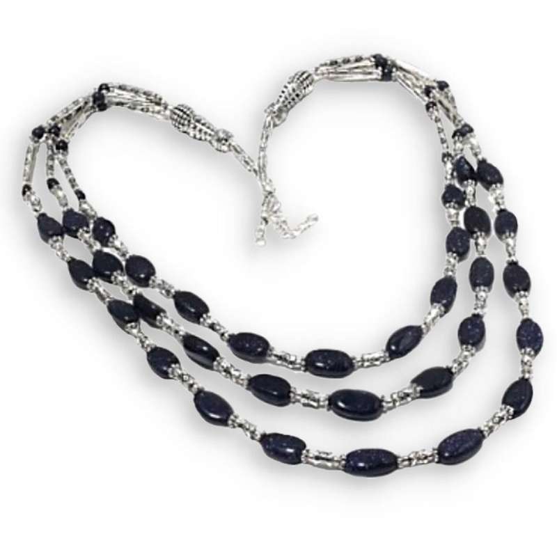 3 Layer Purple Sandstone Oblong Beads set in .925 Sterling Silver Plated Handmade Necklace