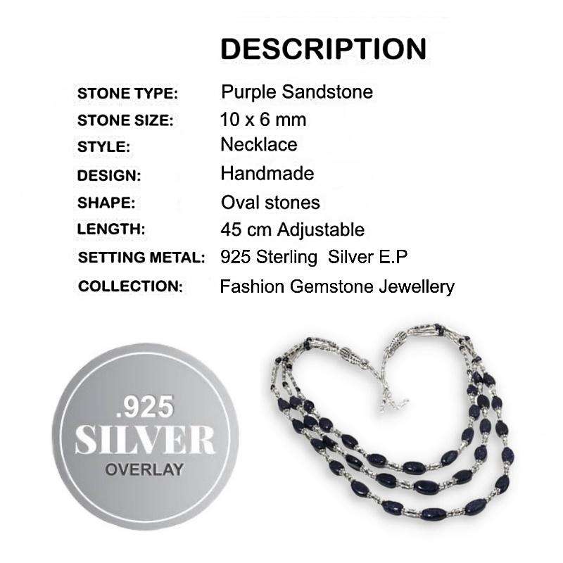 3 Layer Purple Sandstone Oblong Beads set in .925 Sterling Silver Plated Handmade Necklace