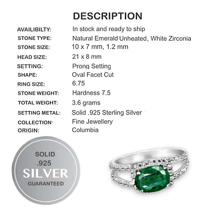 25.80ct Natural Colombian Emerald, Cubic Zirconia set in Solid .925 S/Silver White Gold sz 6.75