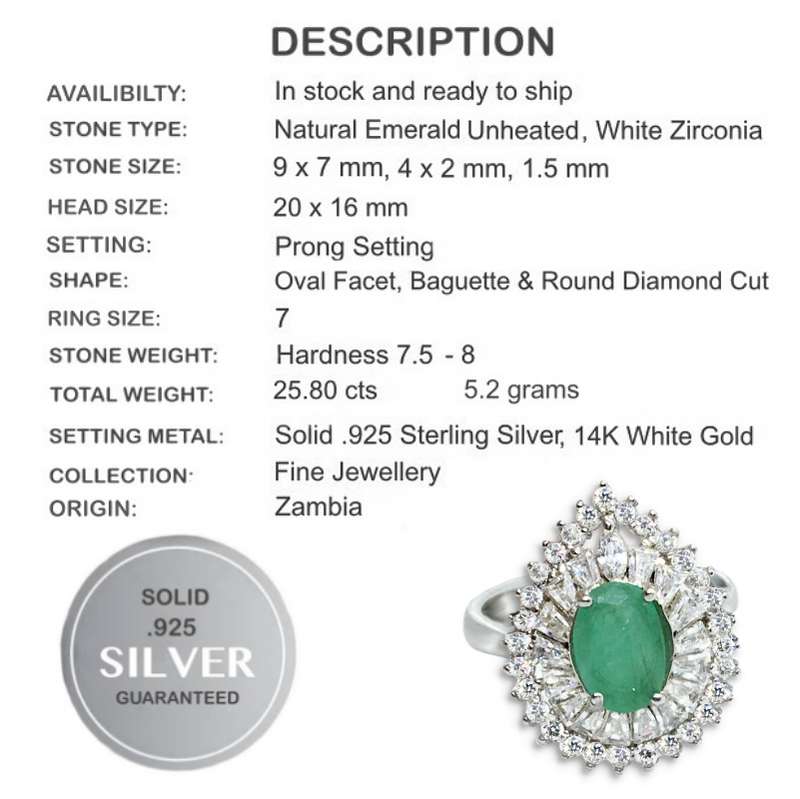 25.80 Cts Natural Zambian Emerald, Cubic Zirconia Solid .925 Silver Size 7 or O