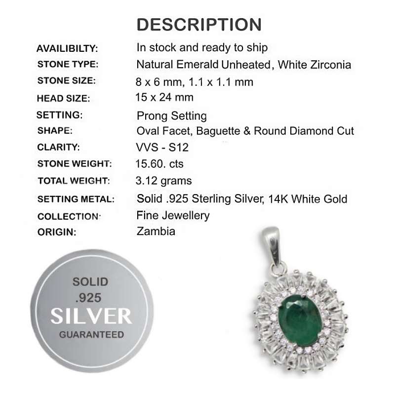 Breathtaking AAA Natural Zambian Emerald, White CZ Solid .925 Sterling Silver Pendant