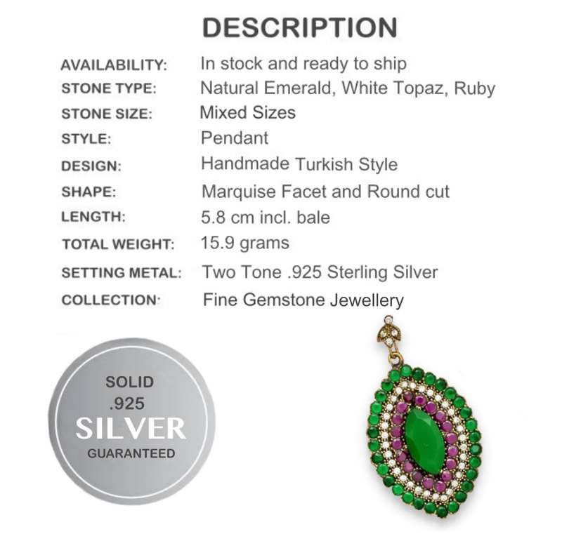 Istanbul -Two Tone Turkish Natural Indian Ruby, Emerald Set in Solid  .925 Sterling Silver Pendant