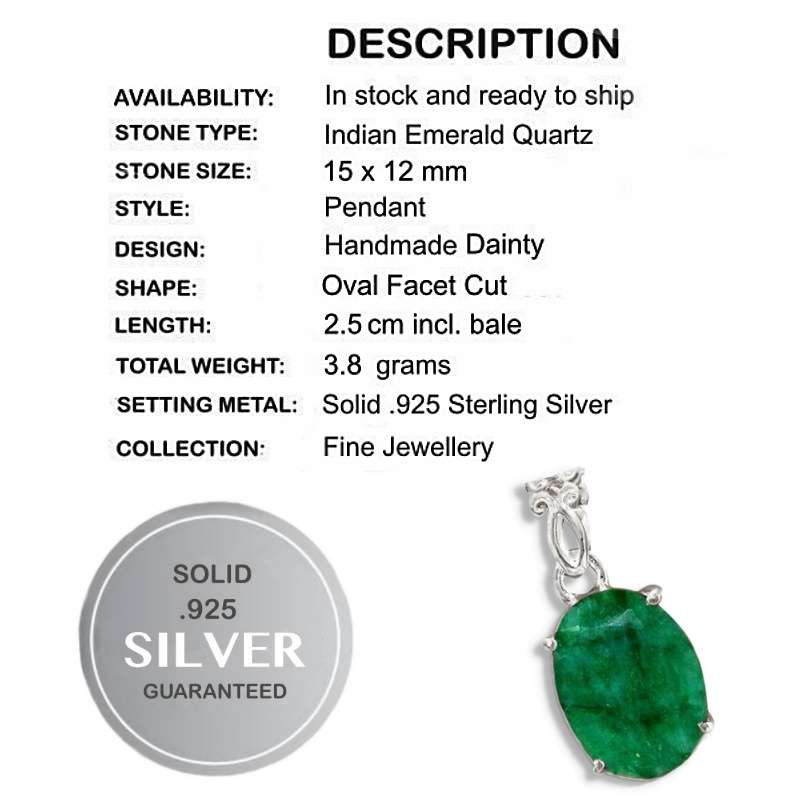 Natural Indian Emerald Oval Gemstone set in Solid .925 Sterling Silver Pendant