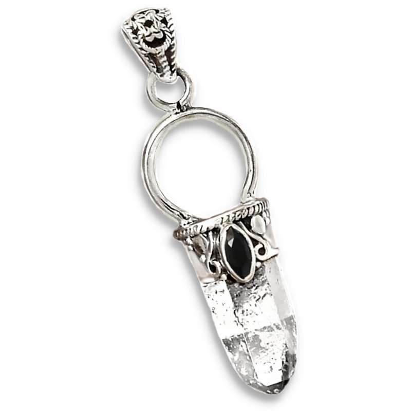 Natural Herkimer Diamond and Black Onyx set in Solid .925 Sterling Silver Pendant