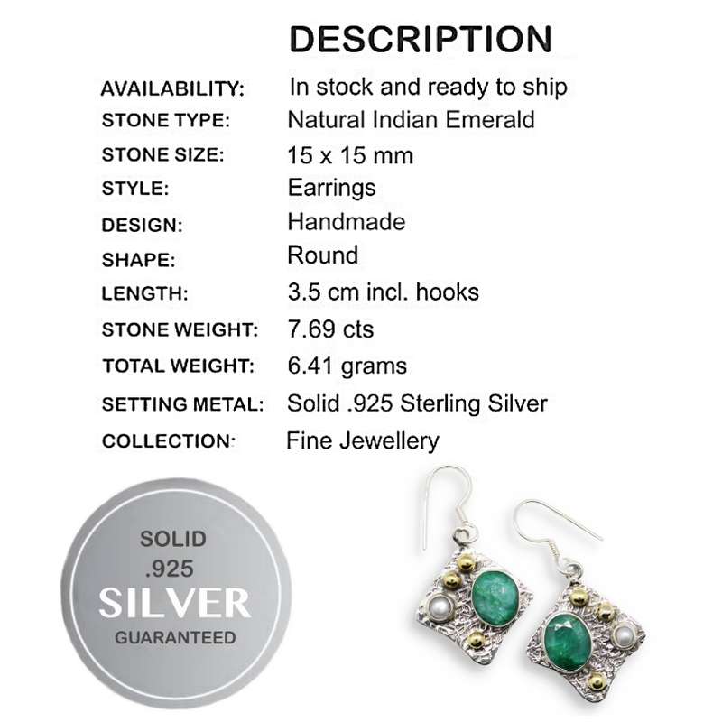 Natural Indian Emerald and White Pearl Gemstone set in Solid .925 Sterling Silver Earrings