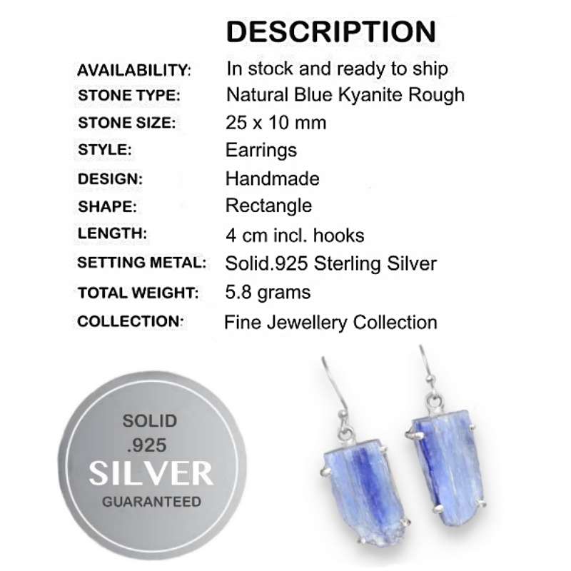 Natural Denim Blue Kyanite Rough set in Solid .925 Sterling Silver Earrings