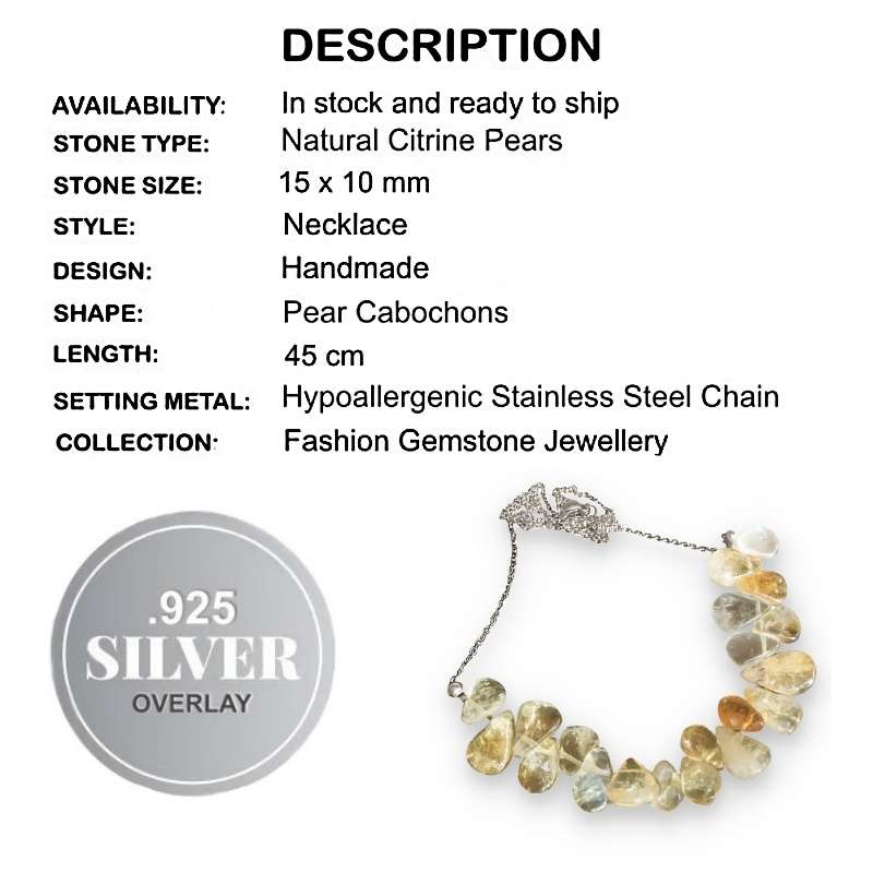 Genuine Citrine Pears Gemstone Necklace Hypo allegenic Non Tarnish Stainless Steel Chain