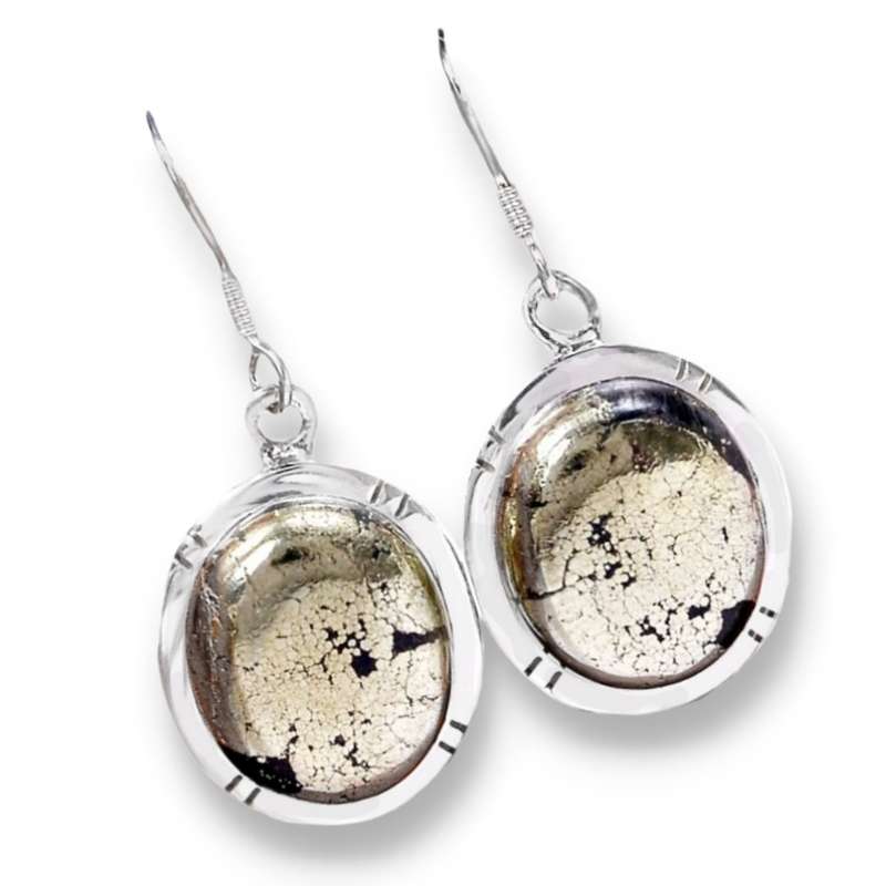 Natural Peruvian Pyrite in Magnetite Oval Gemstone  set in Solid .925 Sterling Silver Earrings