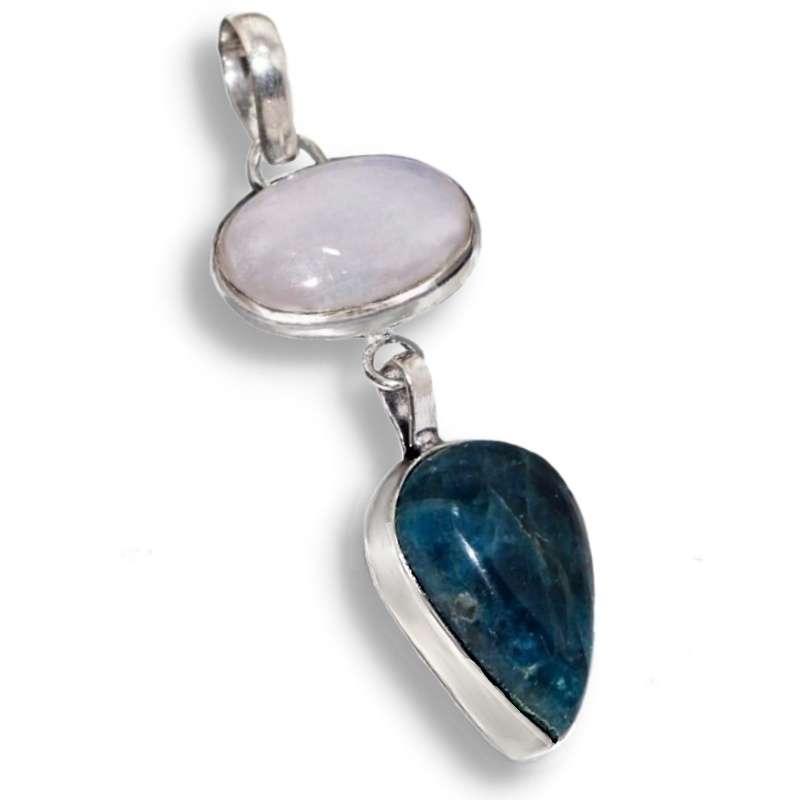 Natural Blue Green Apatite and Moonstone Gemstone set in .925 Sterling Silver Plated Pendant