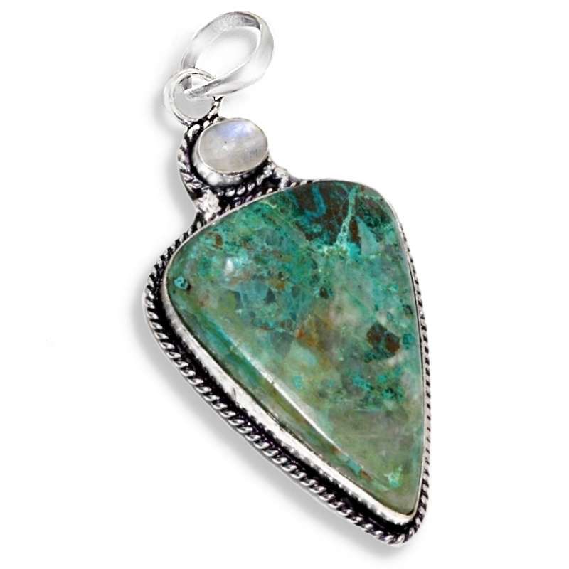 Natural Chrysocolla and Moonstone Gemstone set in . 925 Sterling Silver Plated Handmade Pendant