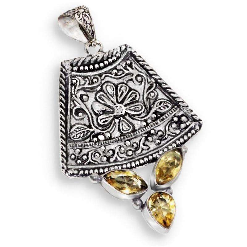Sunny Citrine Mixed Shape Gemstones set in 925 Sterling Silver Plated Handmade Spiral Pendant