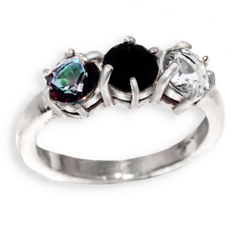 Handmade Black Onyx Rainbow Mystic and White Topaz Gemstone .925 Silver Ring Size US 9 / UK R1/2