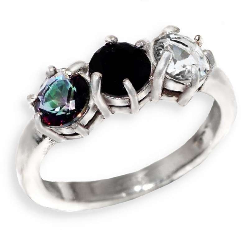 Handmade Black Onyx Rainbow Mystic and White Topaz Gemstone .925 Silver Ring Size US 9 / UK R1/2