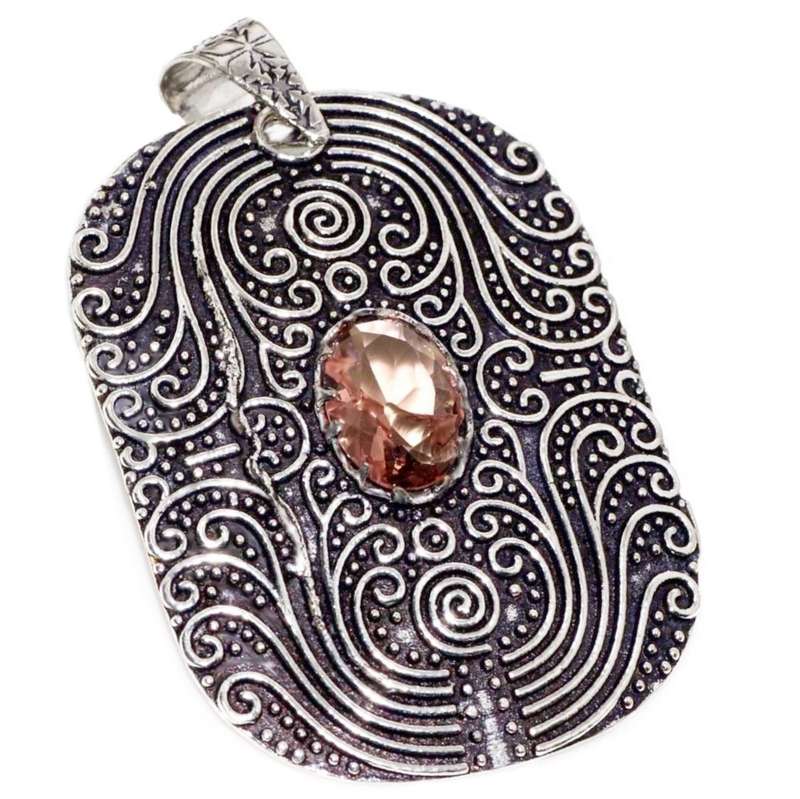 Antique Style Set Faceted Morganite Oval .925 Sterling Silver Plated Handmade Pendant