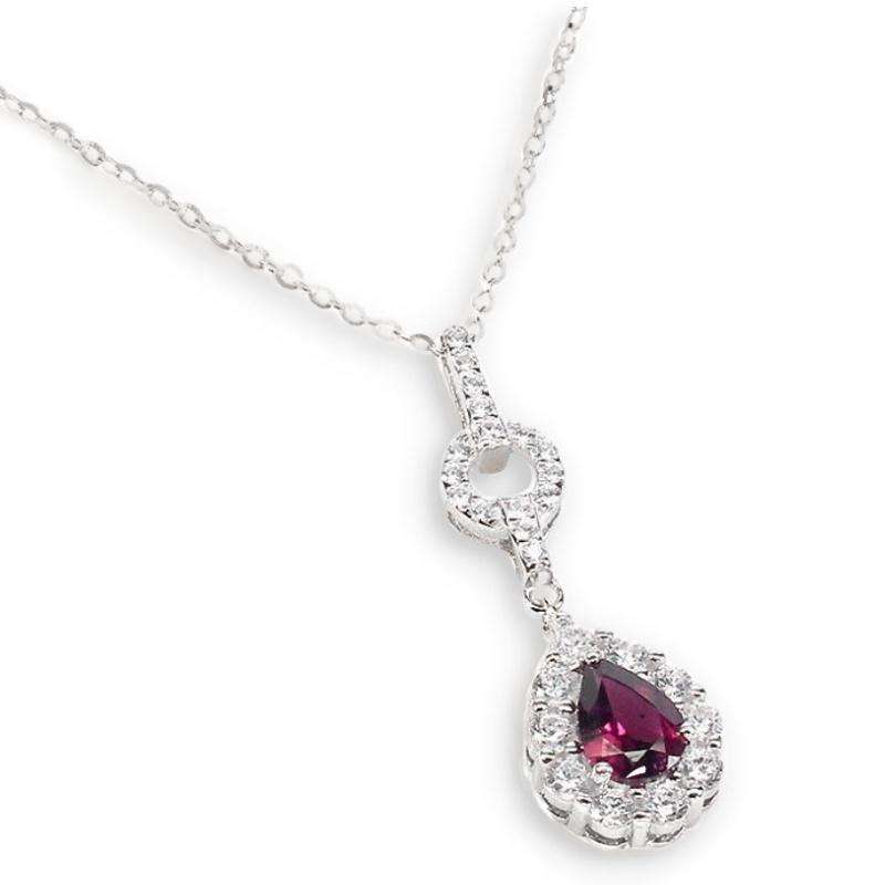 Natural Unheated Rhodolite Garnet AA White CZ Solid .925 Sterling Silver 14K White Gold Necklace