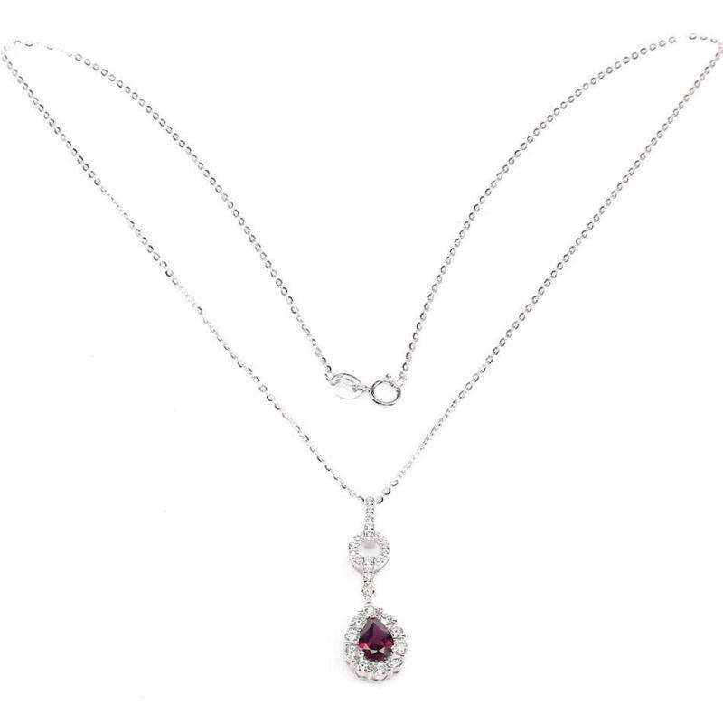 Natural Unheated Rhodolite Garnet AA White CZ Solid .925 Sterling Silver 14K White Gold Necklace