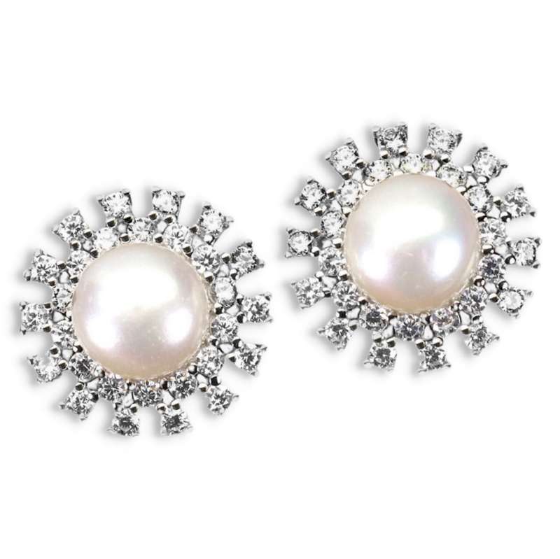 Deluxe 8mm Natural Freshwater White Pearl, White CZ Solid .925 Silver 14K White Gold Stud Earrings
