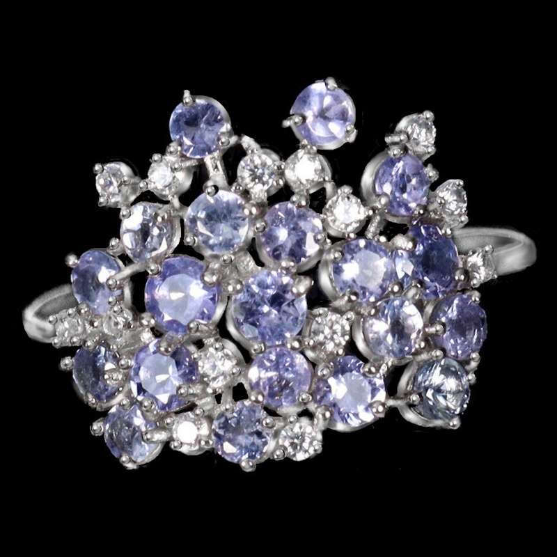 Natural Unheated Tanzanite and AAA White Cubic Zirconia Ring in Solid .925 Silver Size US 8 /Q
