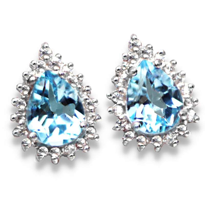 Natural Sky Blue Topaz Gemstone Pears and White CZ  Solid .925 Sterling Silver Stud Earrings