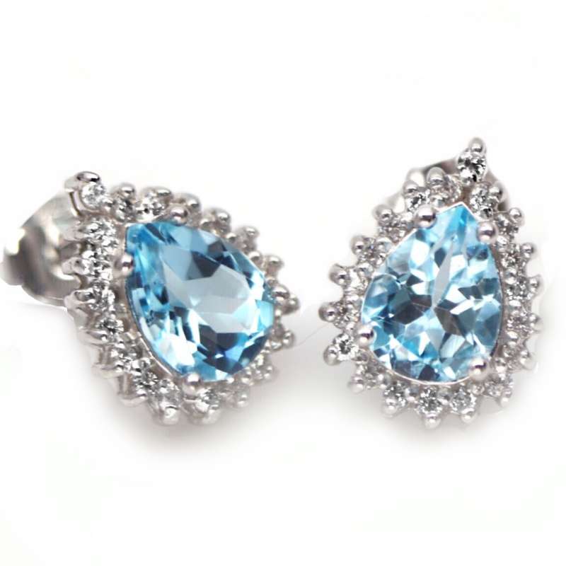 Natural Sky Blue Topaz Gemstone Pears and White CZ  Solid .925 Sterling Silver Stud Earrings