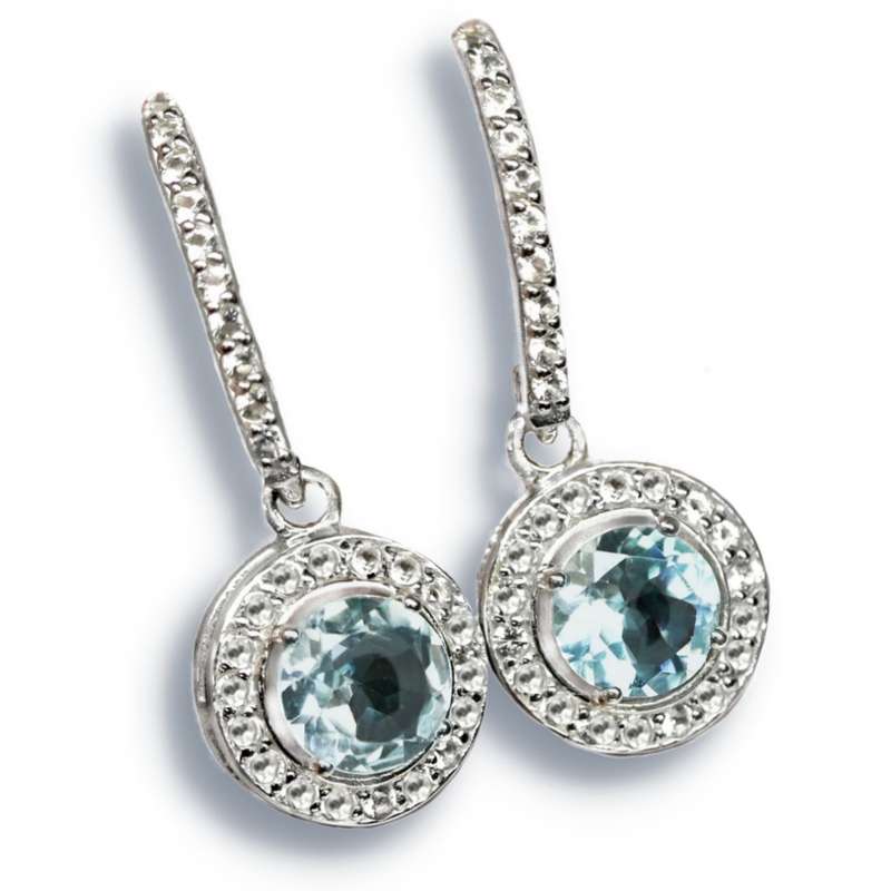 Deluxe Unheated Sky Blue Topaz and White Topaz Gemstone Solid .925 Silver 14K White Gold Earrings