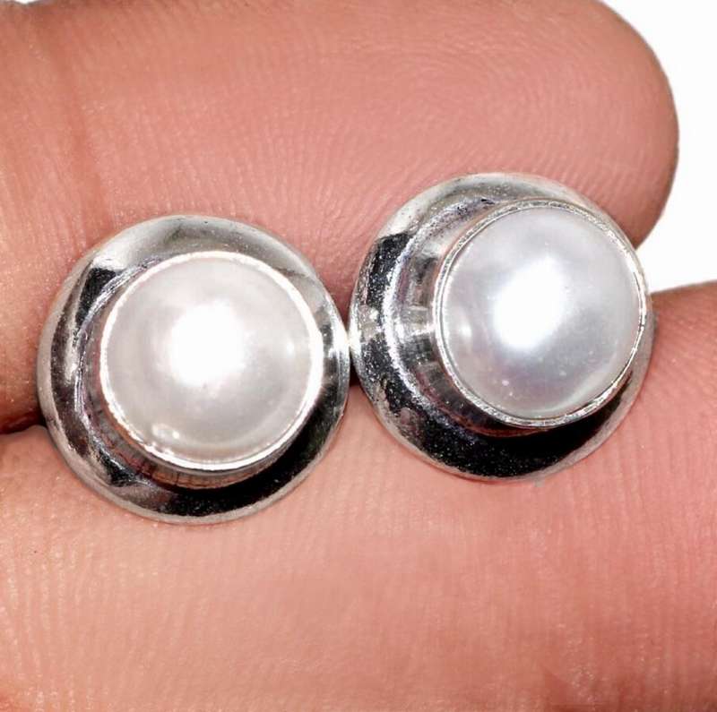 Dainty Handmade White  River Pearl set in .925 Sterling Silver Plated Handmade Stud Earrings