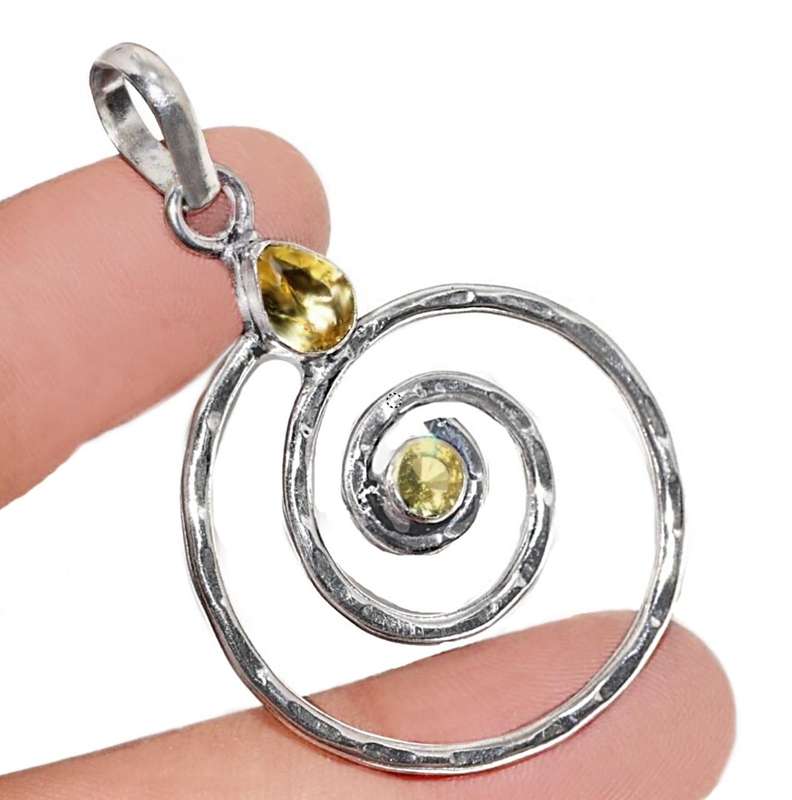 Sunny Citrine Mixed Shape Gemstones set in 925 Sterling Silver Plated Handmade Spiral Pendant