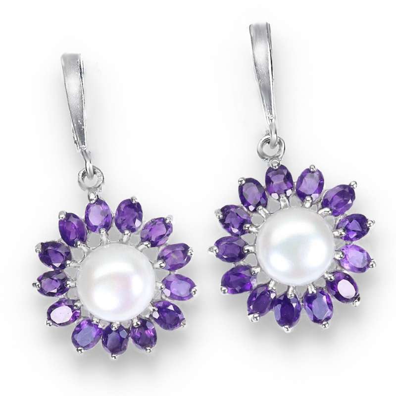 12 Natural Unheated Purple Amethyst and White Pearl Solid .925 Silver 14K White Gold Ring 7 / O