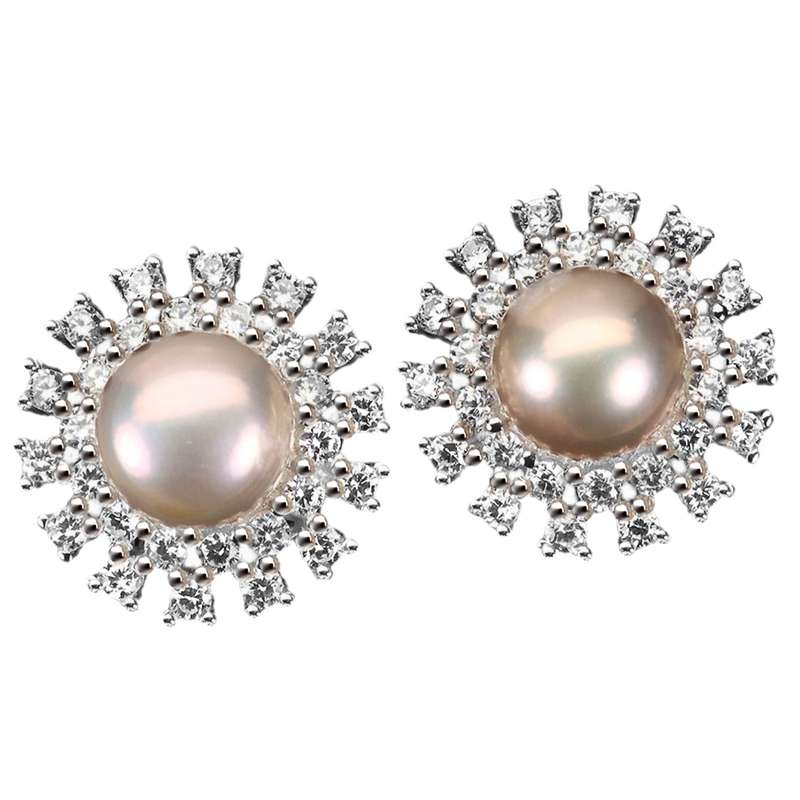 Deluxe Natural Creamy Pink Pearl White Cubic Zirconia Solid 925 Sterling Silver Stud Earrings