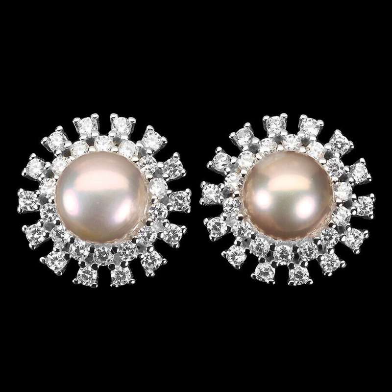Deluxe Natural Creamy Pink Pearl White Cubic Zirconia Solid 925 Sterling Silver Stud Earrings