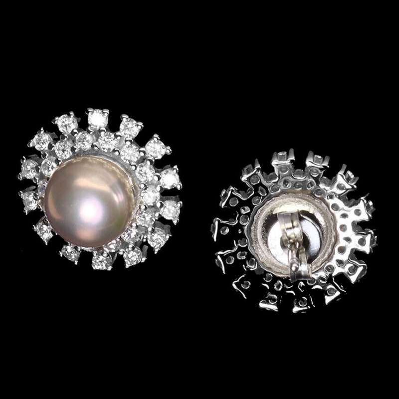 Deluxe Natural Creamy Pink Pearl White Cubic Zirconia Solid 925 Sterling Silver Stud Earrings