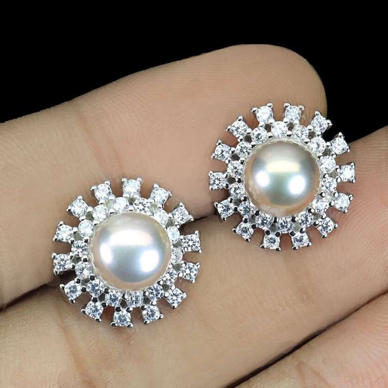 Deluxe Natural Creamy Pink Pearl White Cubic Zirconia Solid 925 Sterling Silver Stud Earrings