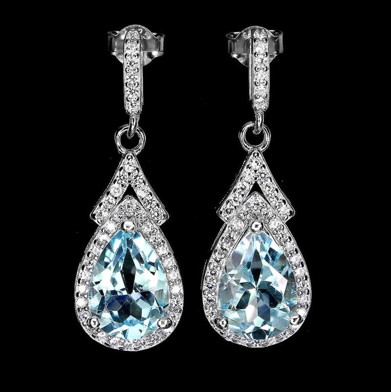 Natural Sky Blue Topaz Gemstone Pears and White CZ  Solid .925 Sterling Silver Stud Earrings