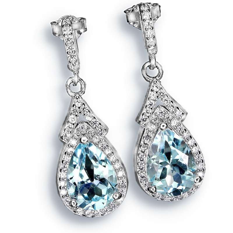 Natural Sky Blue Topaz Gemstone Pears and White CZ  Solid .925 Sterling Silver Stud Earrings