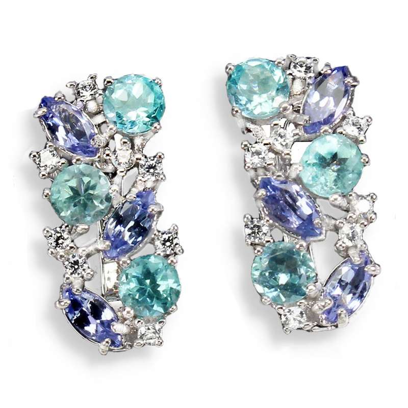 Rare Natural Unheated Tanzanite and Apatite AAA White CZ Solid .925 Silver & White Gold Earrings