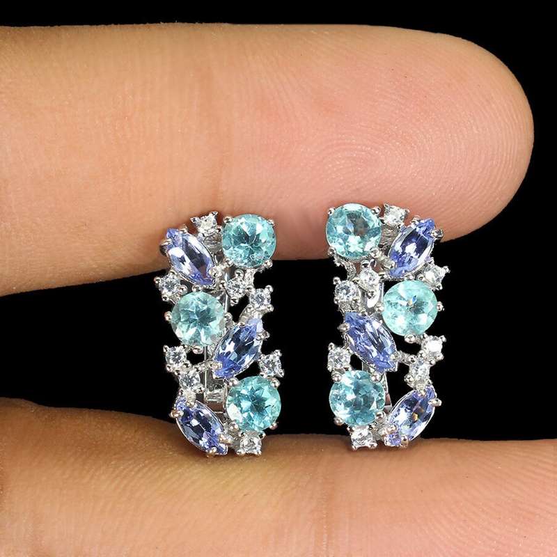 Rare Natural Unheated Tanzanite and Apatite AAA White CZ Solid .925 Silver & White Gold Earrings