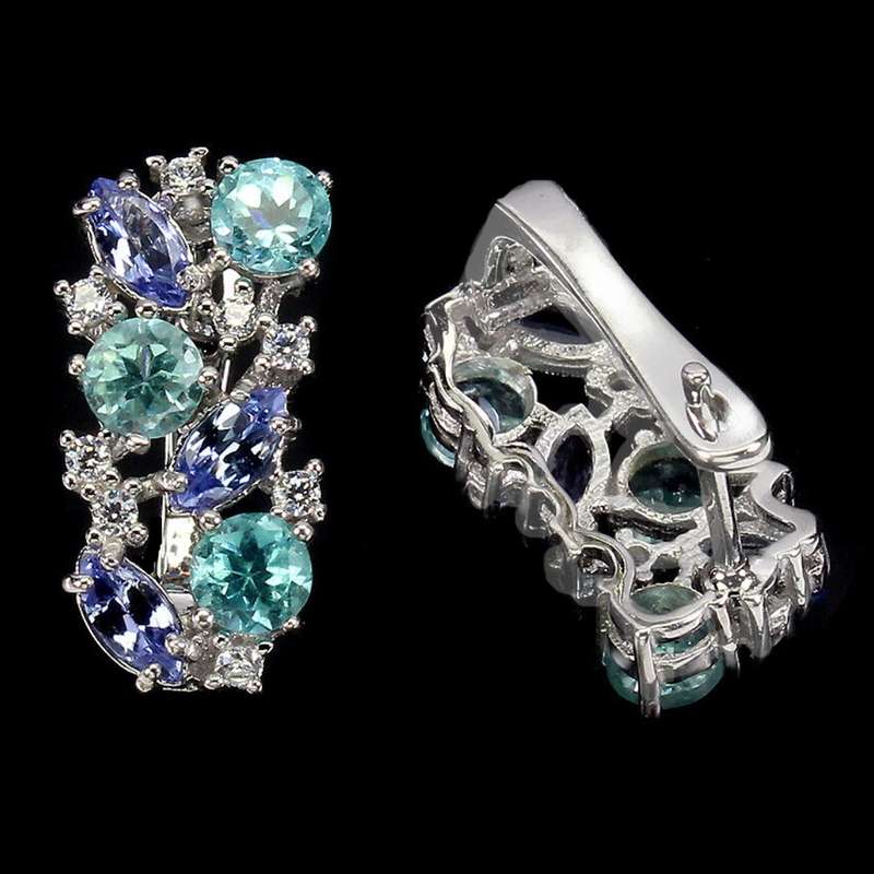 Rare Natural Unheated Tanzanite and Apatite AAA White CZ Solid .925 Silver & White Gold Earrings